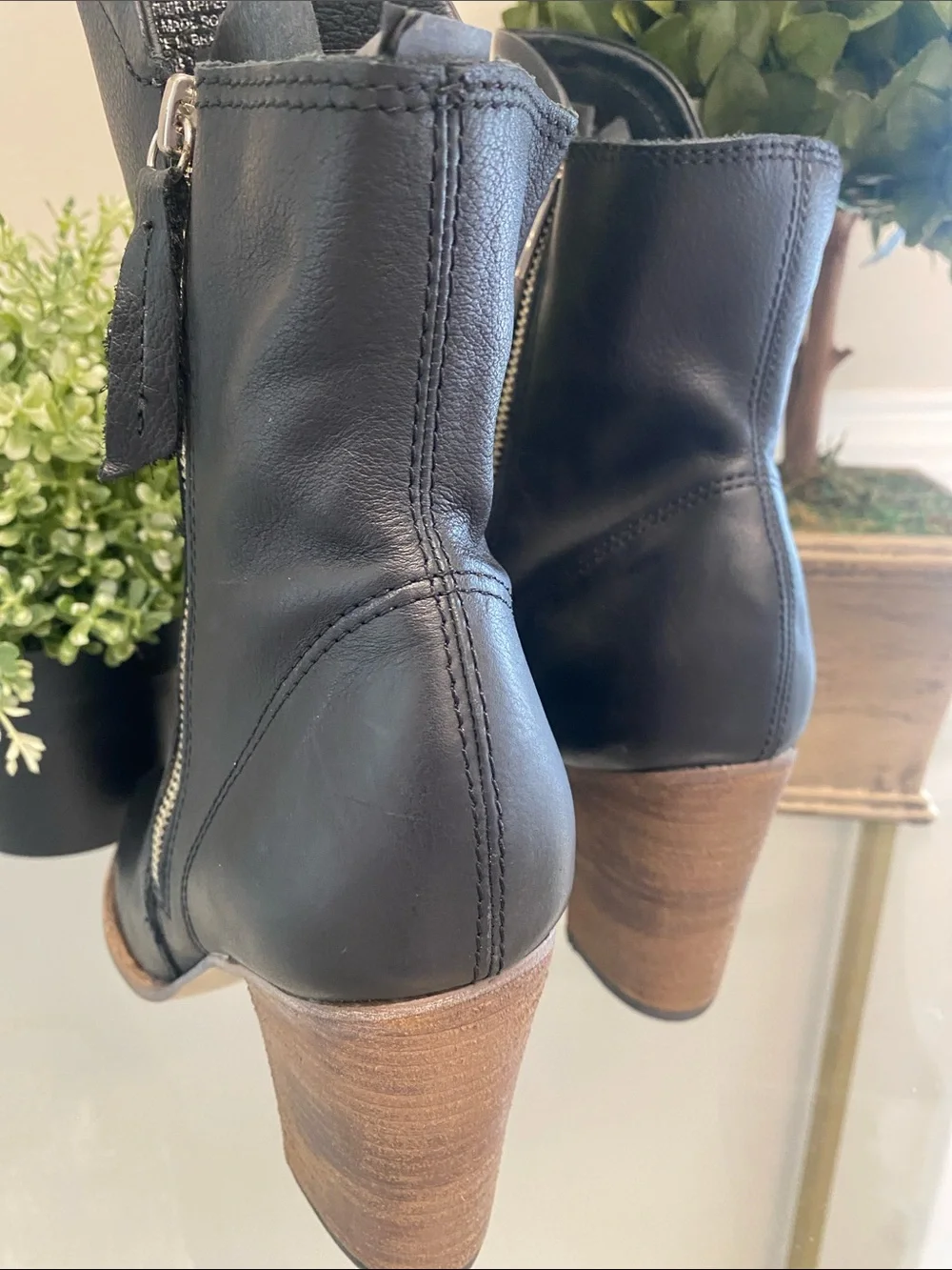 Matisse Black Leather Open-Toe Zip Ankle Booties with Wood Block Heel